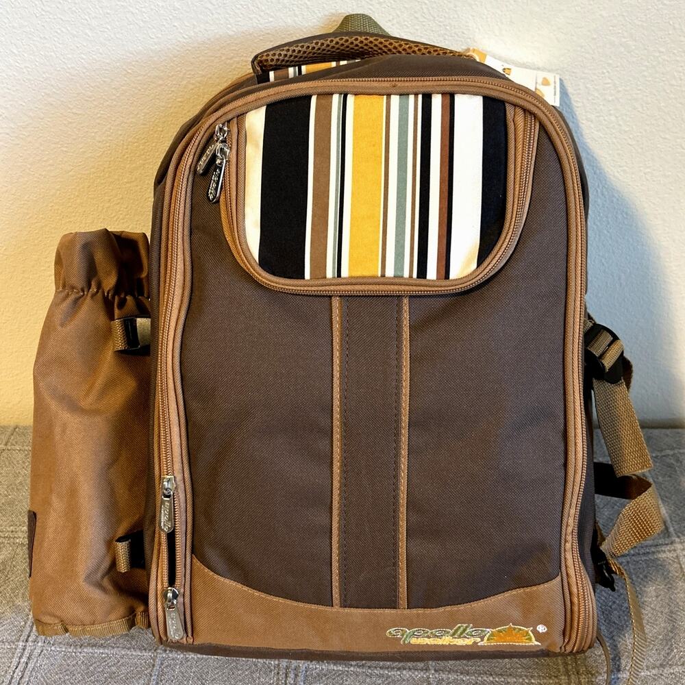 NEW Apollo Walker Picnic Backpack 4 Person Set Cooler Wine Holder Blanket Brown